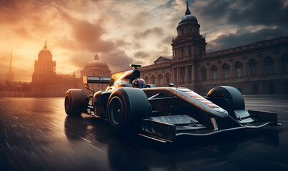 Racing car on the road in Budapest, Hungary at sunset