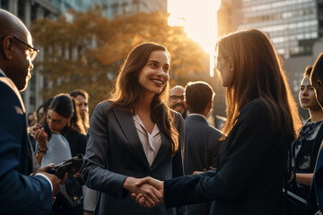 An office girl seals a deal with a handshake in an outdoor field during twilight. Surrounded by a bustling crowd, this business handshake marks a significant career milestone. Generative AI.