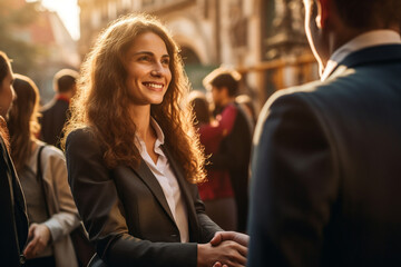 An office girl seals a deal with a handshake in an outdoor field during twilight. Surrounded by a bustling crowd, this business handshake marks a significant career milestone. Generative AI.