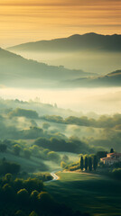 Naklejka na ściany i meble Landscape with fog in the morning. Tuscany, Italy