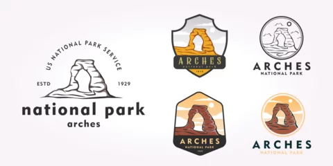 Foto op Plexiglas bundle arches national park logo design set, national arch icon vector vintage emblem, illustration of national parks in the United States © PyruosID