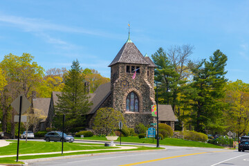Fototapeta na wymiar First Parish Church in spring at 349 Boston Post Road in historic town center of Weston, Massachusetts MA, USA. 