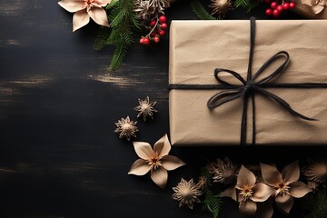 gift box in craft paper on wood table . AI Generate