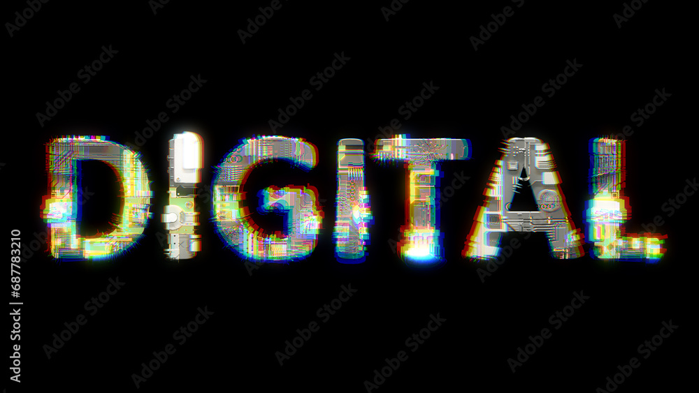 Poster glitch and chromatic aberrance cybernetical text digital on black, isolated - object 3d rendering