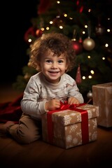 Fototapeta na wymiar Christmas kids Open Present Gift, sitting front of Xmas Tree . AI Generate