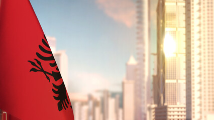 flag of Albania on city skyscrapers buildings vanilla sunset bg for day of the flag - abstract 3D illustration - obrazy, fototapety, plakaty