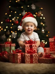Fototapeta na wymiar Cute baby boy in Santa hat with gift boxes on Christmas background . AI Generate