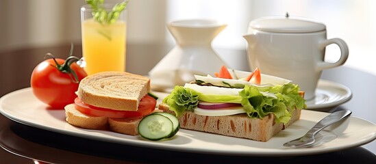 Hotel serves white bread sandwich with hummus, salad, and a choice of tea or coffee.
