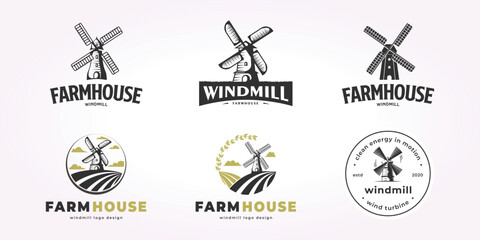 windmill logo design bundle, wind energy illustration vector set, farmhouse icon emblem bundle - obrazy, fototapety, plakaty