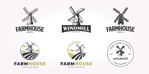 Foto op Canvas windmill logo design bundle, wind energy illustration vector set, farmhouse icon emblem bundle © PyruosID