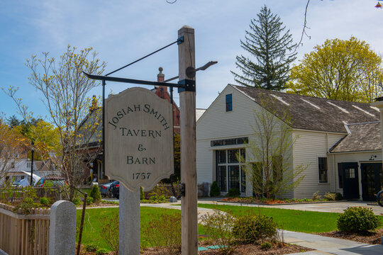 Josiah Smith Tavern Barn was built in 1757 at 358 Boston Post Road in historic town center of Weston, Massachusetts MA, USA. 