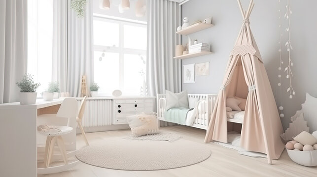 Interior mock up wall in newborn bedroom, empty gray background with rattan crib. Generative Ai