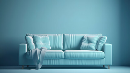 A blue couch in a living room with a black lamp on the wall