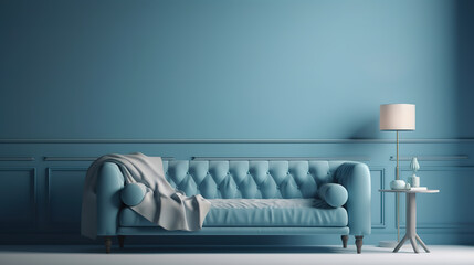 Pink Sofa Couch Modern Trendy Stylish Contemporary Furniture Kitsch Blue Background. Generative Ai