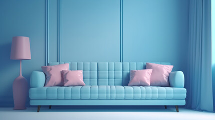 Soft blue sofa on blue background, 3D illustration. Generative Ai