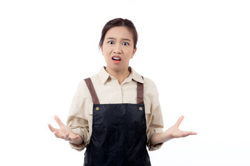 Portrait young asian barista woman wearing apron stress with expression isolated white background, waitress or entrepreneur unhappy and frustrated, small business or startup, waiter of cafe.