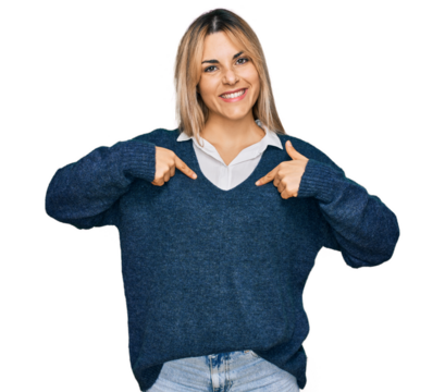 Young caucasian woman wearing casual clothes looking confident with smile on face, pointing oneself with fingers proud and happy.