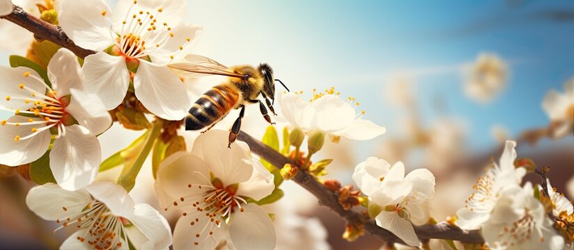 Honey bee collecting pollen and nectar from Manuka flower to produce medicinal manuka honey.