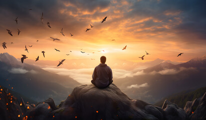 Relaxed man sitting on top of a mountain and looking at the sunset