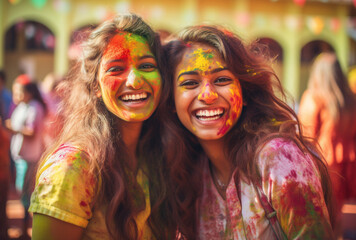 Fototapeta premium Indian women celebrating Holi party, Ai generated Images
