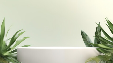 3D render podium, showcase on light white background with shadows in green tropical leaves of plants. Abstract natural,organic background for advertising products, spa body care, relaxation, health