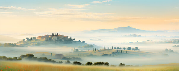 Panoramic view of Tuscany in the morning fog