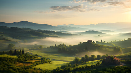 Panoramic view of Tuscany, Italy at sunrise
