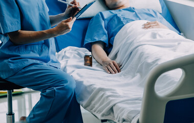 Doctor telling to patient woman the results of her medical tests. Doctor showing medical records to...