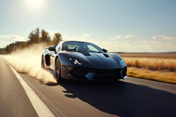 Obraz premium Sports car running on the highway at speed in the sunlight.