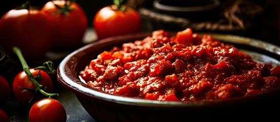 Incorporating tomato paste into minced meat. - obrazy, fototapety, plakaty