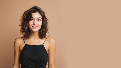 Fototapeta premium Brunette woman model wear black sundress isolated on pastel background