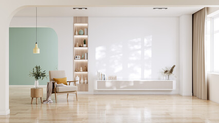 White wall mounted tv on cabinet ,minimalist interior with  armchair on empty white and  pastel blue color wall background.3d rendering