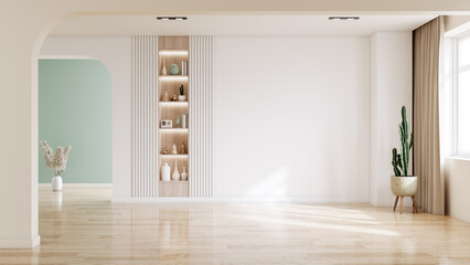 Empty room ,minimalist interior with   white and  pastel blue color wall background.3d rendering