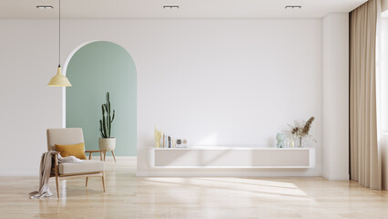 White wall mounted tv on cabinet ,minimalist interior with  armchair on empty white and  pastel blue color wall background.3d rendering