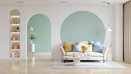 Modern room ,minimalist interior with  sofa on empty white and  pastel blue color wall background.3d rendering