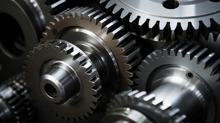 close up view of Metal gear in factory. Many different stainless steel gears on a gray background,
