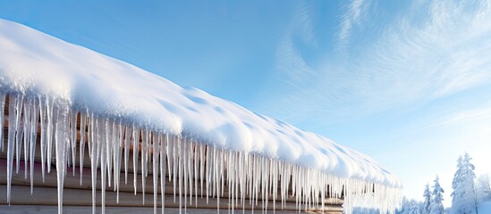 House roof adorned with icicle hangings. - obrazy, fototapety, plakaty