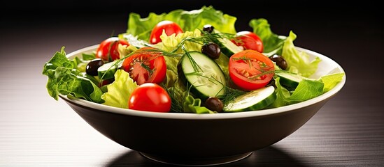 Leafy green salad with olives, tomatoes, and cucumber.