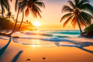 A secluded tropical beach at sunrise, where the sun sparkles dance on the gentle waves, palm trees casting elongated shadows on the sand