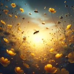 AI-generated wallpaper of bees surrounded by yellow flowers in a beautiful sunrise