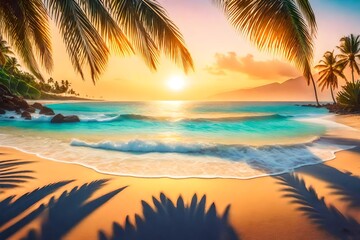 Fototapeta na wymiar A secluded tropical beach at sunrise, where the sun sparkles dance on the gentle waves, palm trees casting elongated shadows on the sand