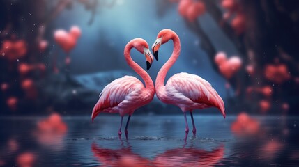 Couple of cute flamingo on fantasy aesthetic valentines scenery background - obrazy, fototapety, plakaty