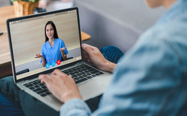 Woman talk speak using laptop computer and video conference online with doctor and stethoscope service help support team discussing and consulting talk video chat call checkup information at home