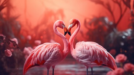Couple of cute flamingo on fantasy aesthetic valentines scenery background