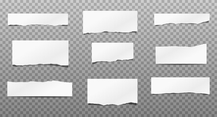 3d realistic vector torn paper pieces on transparent background with different cuts. Information reminder