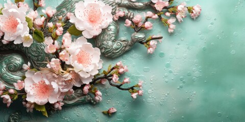 Green Background with beautiful pink sakura cherry flowers. Spring background with flowers. Background for Chinese Lunar New Year