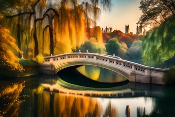An ethereal version of Bow Bridge in Central Park, bathed in a magical glow with floating orbs of...
