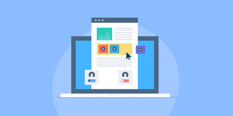 Website layout management, web design UI experience web page development software business presentation laptop screen, vector illustration web banner.