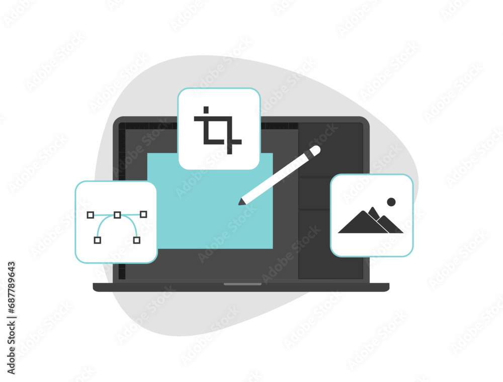 Fototapete laptop displays with ui design programs for digital art and editing. web design studio working on gr