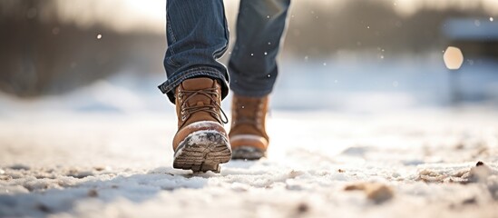men walking in snow in winter, wearing boots.